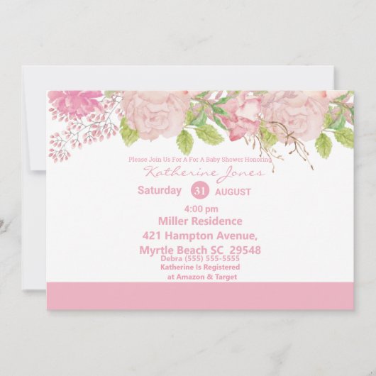 Roze en Cream Floral Baby shower Kaart (Voorkant)