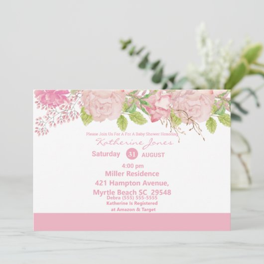 Roze en Cream Floral Baby shower Kaart (Staand voorkant)