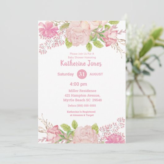 Roze en Cream Floral Baby shower Kaart (Staand voorkant)