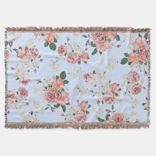 Roze en  Cream Floral op blauw Deken (Voorkant)