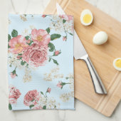 Roze en  Cream Floral op blauw Theedoek (Quarter Fold)