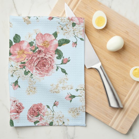 Roze en  Cream Floral op blauw Theedoek (Quarter Fold)