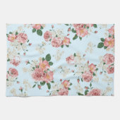 Roze en  Cream Floral op blauw Theedoek (Horizontaal)