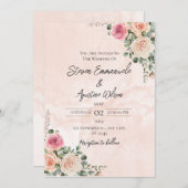 Roze en Crème Bloemen Huwelijksuitnodiging Kaart (Voorkant / Achterkant)