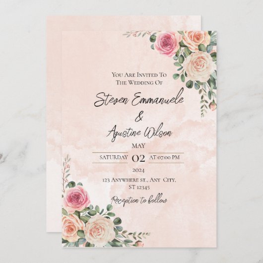 Roze en Crème Bloemen Huwelijksuitnodiging Kaart (Voorkant / Achterkant)