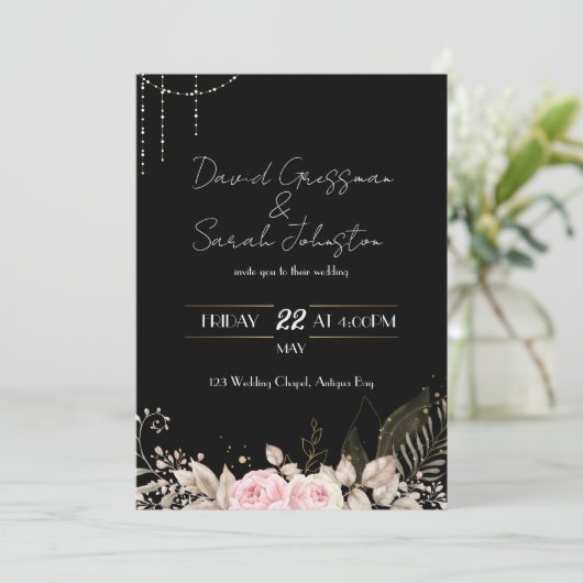 Roze en Crème Bloemen Zwarte bruiloft Uitnodigen Kaart (Staand voorkant)