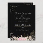 Roze en Crème Bloemen Zwarte bruiloft Uitnodigen Kaart (Voorkant / Achterkant)