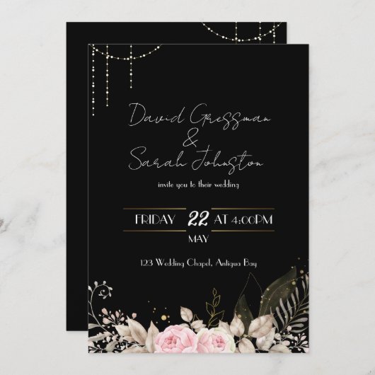 Roze en Crème Bloemen Zwarte bruiloft Uitnodigen Kaart (Voorkant / Achterkant)