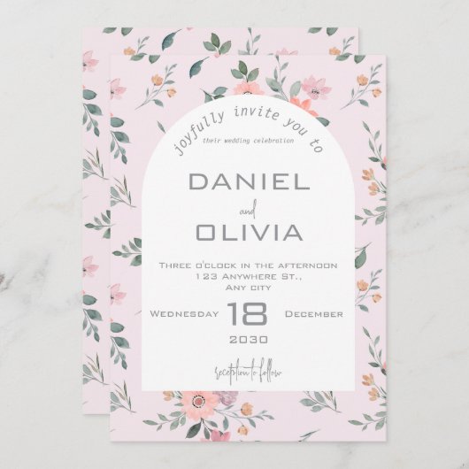 Roze en crème bloemenbruiloft kaart (Voorkant / Achterkant)