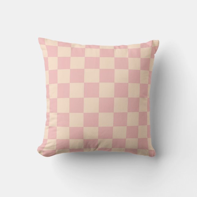 Roze en Crème Checkerboard Kussen (Voorkant)