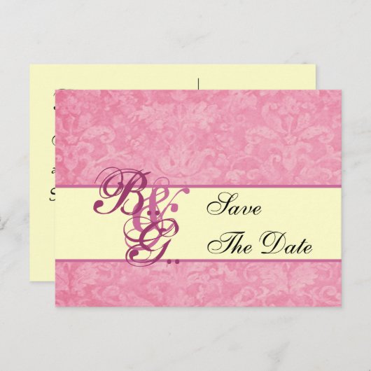 Roze en Crème Damast Save Datum Aankondigingskaart (Voorkant / Achterkant)