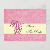 Roze en Crème Damast Save Datum Aankondigingskaart (Voorkant)