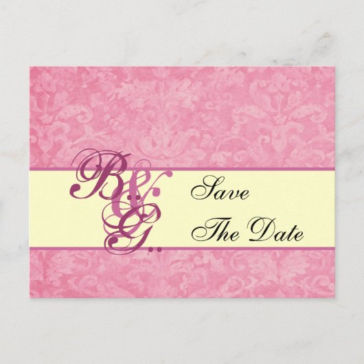 Roze en Crème Damast Save Datum Aankondigingskaart (Voorkant)