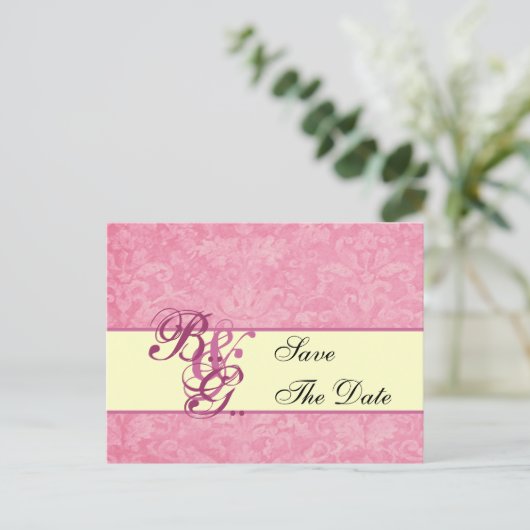 Roze en Crème Damast Save Datum Aankondigingskaart (Staand voorkant)