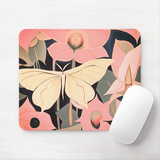 Roze en crème - Luna Moth en Moonflower Muismat (Met muis)