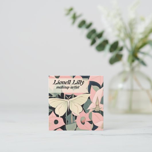 Roze en crème - Luna Moth en Moonflower Vierkante Visitekaartje (Staand voorkant)