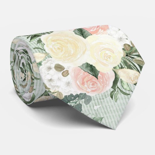 Roze en Crème Rozen Op Groen Stropdas (Opgerold)