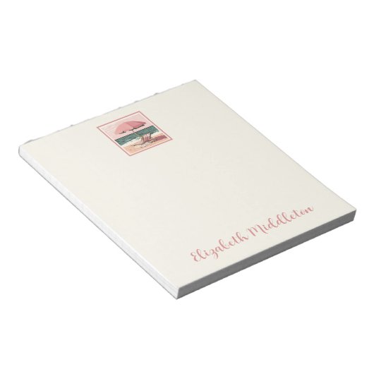 Roze en crème strandstoel en paraplu notitieblok (Schuin)