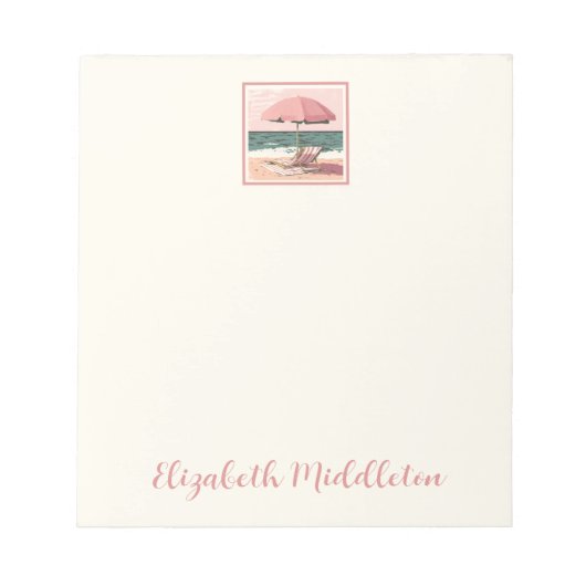 Roze en crème strandstoel en paraplu notitieblok (Voorkant)