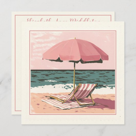 Roze en crème strandstoel en paraplu notitiekaartje (Voorkant / Achterkant)