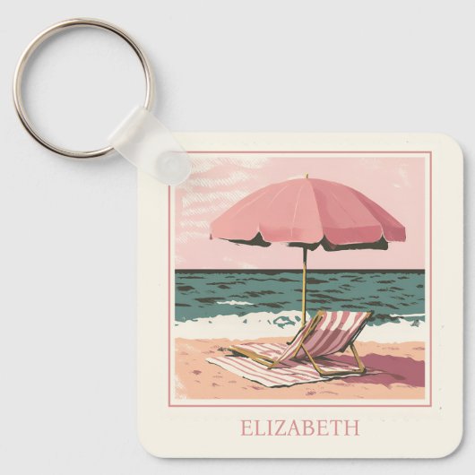Roze en crème strandstoel en paraplu sleutelhanger (Voorkant)