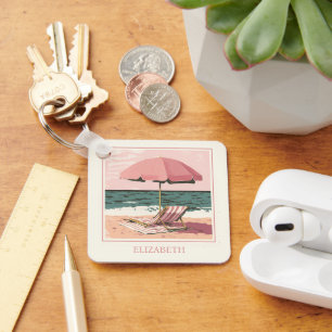 Roze en Crème Strandstoel en Parasol Sleutelhanger
