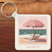 Roze en Crème Strandstoel en Parasol Sleutelhanger (Voorkant)