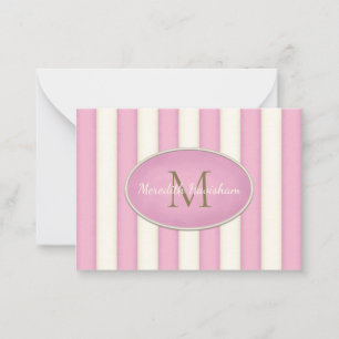Roze en Crème Strepen Bronzen Monogram Op Maat Notitiekaartje
