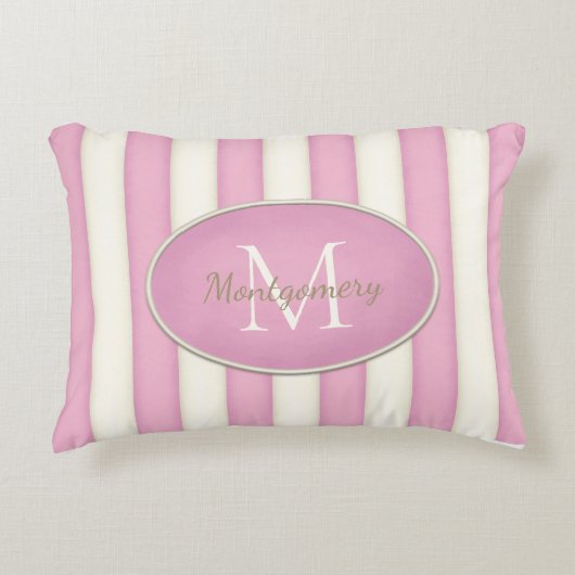 Roze en Crème Strepen Ovaal Omlijst Monogram Accent Kussen (Voorkant)