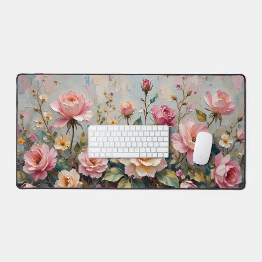   Roze en Crème Tuin Rozen Bloemen Bureaumat (Keyboard & Muis)