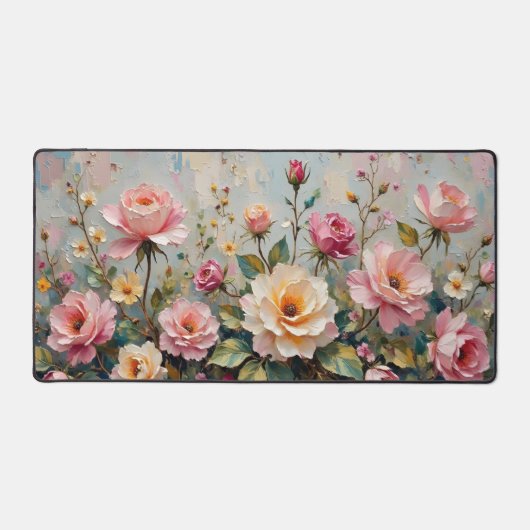   Roze en Crème Tuin Rozen Bloemen Bureaumat (Voorkant)