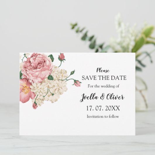  roze en crèmeflorale bruiloft save the date (Staand voorkant)