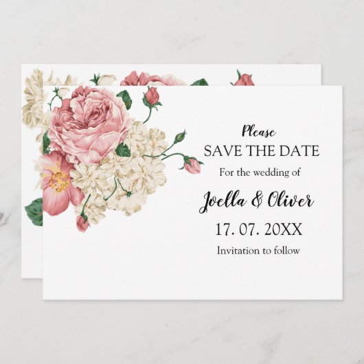 roze en crèmeflorale bruiloft save the date (Voorkant / Achterkant)