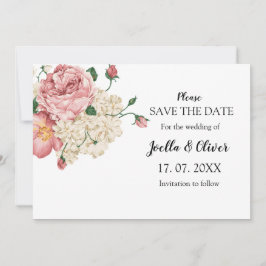 roze en crèmeflorale bruiloft save the date