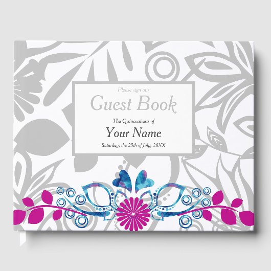 Roze en Crystal Blue Quinceañera Guest Book Gastenboek (Voorkant)
