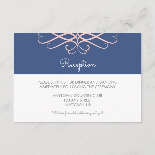 Roze en Denim Blue, Elegant Flourishes Wedding Informatiekaartje (Voorkant)