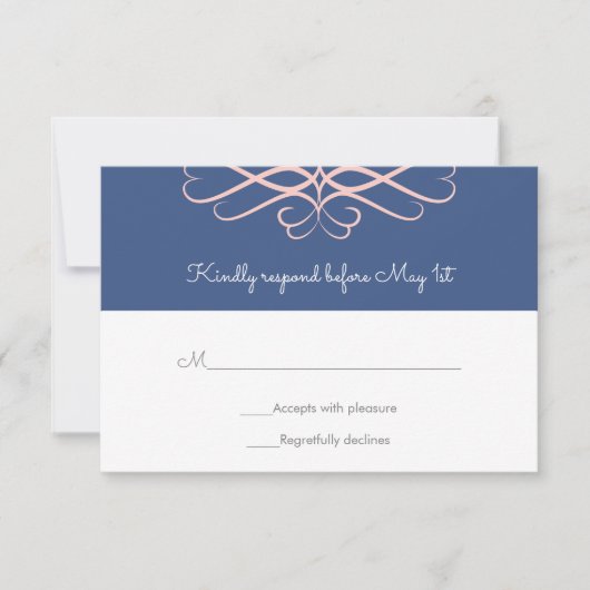 Roze en Denim Blue, Elegant Flourishes Wedding RSVP Kaartje (Voorkant)