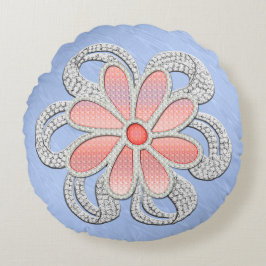 Roze en Diamant Jeweled Flower op Blue Moiré Rond Kussen