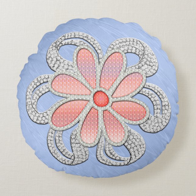 Roze en Diamant Jeweled Flower op Blue Moiré Rond Kussen (Voorkant)