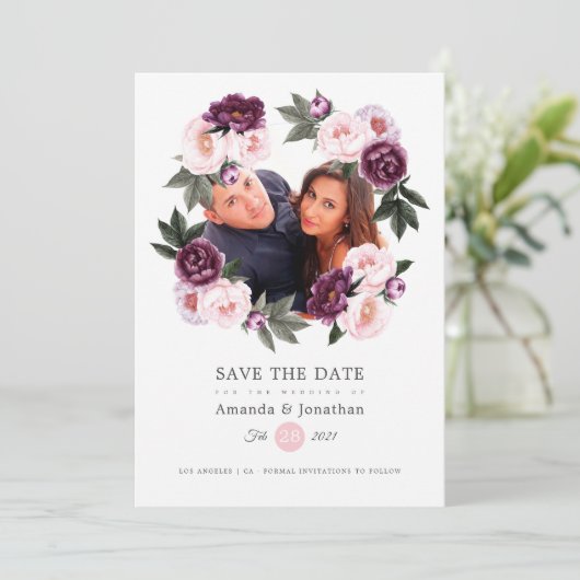Roze en Diep Fluwelen Foto Bruiloft Save The Date (Staand voorkant)
