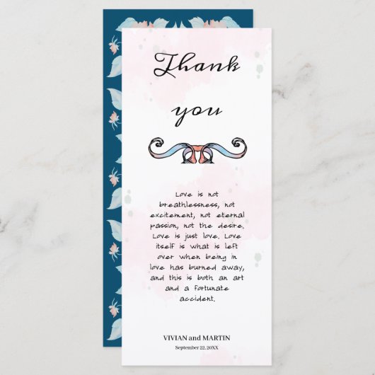 Roze en donkerblauw Floral gedicht Dank u wel! (Voorkant / Achterkant)