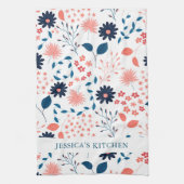 Roze en donkerblauw schattig bloespatroon theedoek (Verticaal)