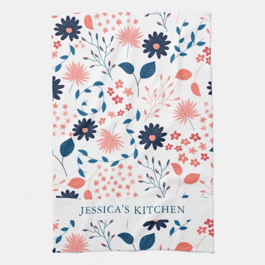 Roze en donkerblauw schattig bloespatroon theedoek (Verticaal)
