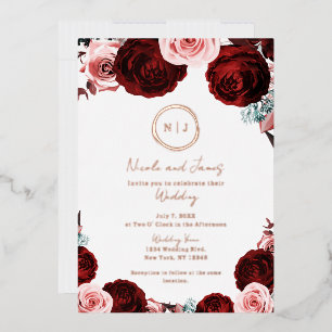Roze en donkerrode Floral Glam Modern Weduwfoto Folie Uitnodiging