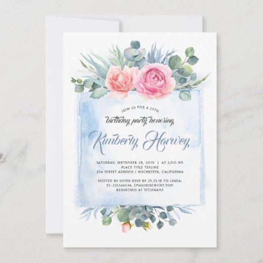 Roze en Dusty Blauw Bloemen Verjaardagsfeest Kaart (Voorkant)