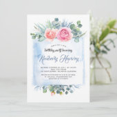 Roze en Dusty Blauw Bloemen Verjaardagsfeest Kaart (Staand voorkant)