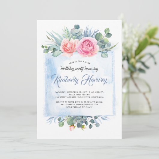 Roze en Dusty Blauw Bloemen Verjaardagsfeest Kaart (Staand voorkant)