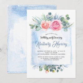 Roze en Dusty Blauw Bloemen Verjaardagsfeest Kaart
