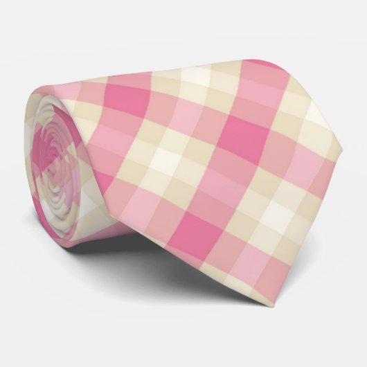 Roze en ecru crème gingham plaid stropdas (Opgerold)