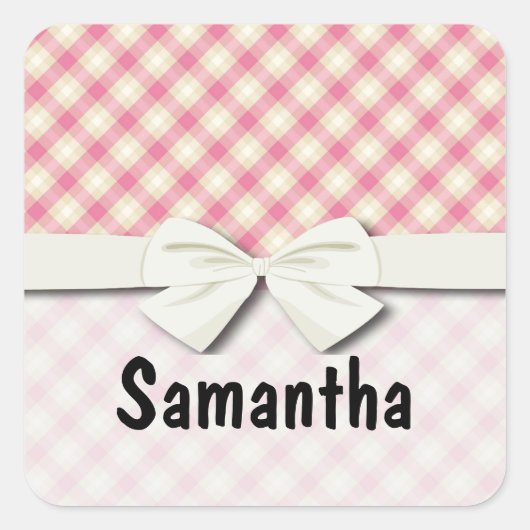Roze en ecru crème gingham plaid vierkante sticker (Voorkant)